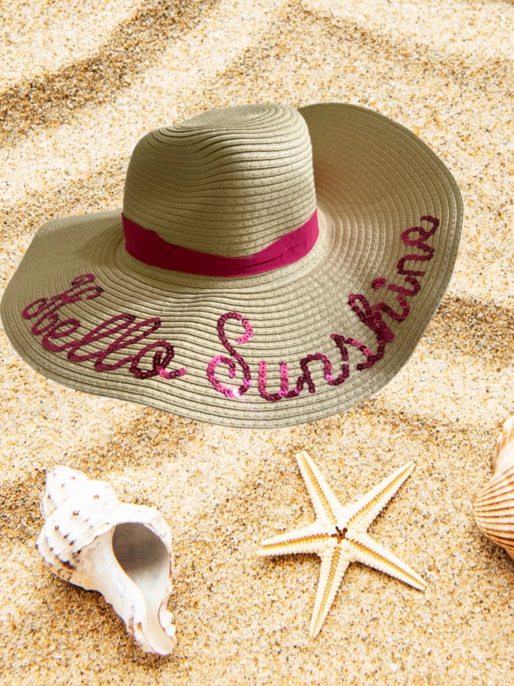 Beach Sun Hat with Pink Trim and 'Hello Sunshine' Embroidery⭐️NWT⭐️